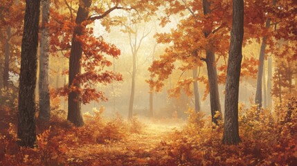 Poster - A tranquil forest path invites exploration, flanked by towering trees adorned with fiery orange and red leaves. A soft fog enhances the peaceful atmosphere, creating a serene autumn setting.