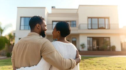 Happy african american couple embracing in front of their new big modern house rear view Buying your dream home Mortgage home loan concept