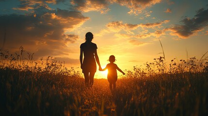 Silhouetted Mother and Daughter Walking Towards Sunset in a Field