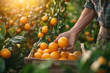 A man is picking oranges from a tree