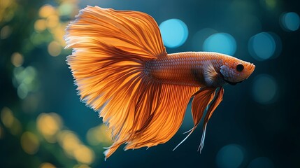 Wall Mural - Orange Betta Fish with Flowing Fins Against a Blue Background