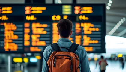 Canvas Print - Young traveler studying flight details at the airport terminal