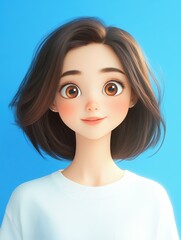 Poster - A vibrant portrait of an Asian girl, beaming with joy against a pure blue backdrop, showcasing her charm and style.