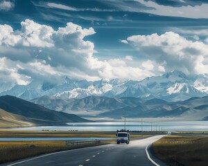 panoramic green view landscape with blue sea beside highways. Copy space.