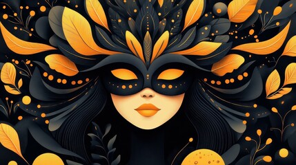 Canvas Print - A striking demon girl dons a mask, adorned with trinkets, in this vibrant D cartoonstyle illustration, full of charm.