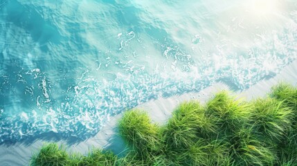 abstract green grass mountain beach from above with light blue transparent water wave and sun lights, summer vacation background concept banner with copy space, natural beauty spa outdoors.