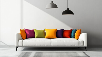 A colorful living room with a bright orange sofa and vibrant decorative pillows, colorful pillows with white sofa