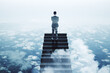 © Who is Danny - Back view of businessman climbing stairs on abstract cloudscape background. Career, success and difficulty background. Double exposure.