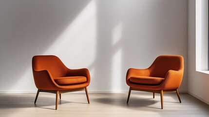 Minimalist Interior Design: Two burnt orange armchairs with gold legs sit in a bright room with natural light streaming in. The chairs are placed on a light wood floor against a white wall