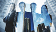 © Who is Danny - Abstract portrait of attractive european businessmen and women on blurry city background. Teamwork and partnership concept. Double exposure.