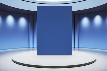 Aufkleber - Futuristic blue interior with round pedestal and empty mock up poster. 3D Rendering.