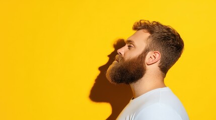 Canvas Print - A bearded man stands out with a bold shadow on a bright yellow backdrop, creating a vivid visual contrast.