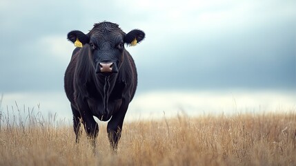 Canvas Print - A black cow stands in a field of tall grass, looking directly at the viewer. The background is a soft, muted blue, suggesting a cloudy sky.