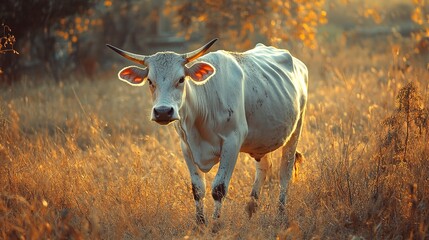 Poster - This is a photo of a white cow with golden horn 