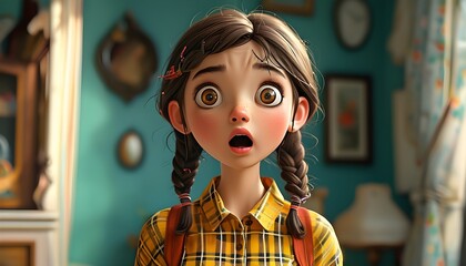 Sticker - Surprised animated girl with pigtails and large eyes in a yellow plaid shirt expressing shock and astonishment