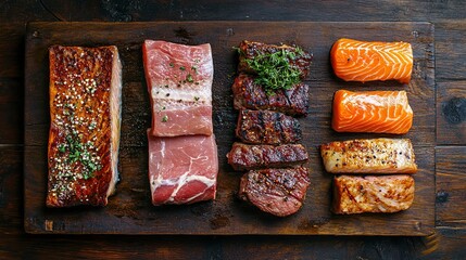 Sticker - Top-down view of marinated fish, pork, and beef ready for grilling on a wooden surface, illustrating versatile cooking options from above.