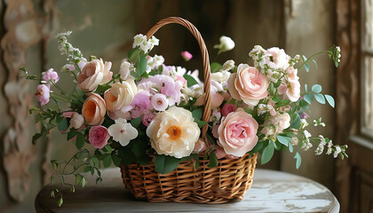 Romantic flower basket, elegant bloom, love overflow, seek beauty.