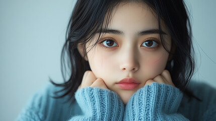 A captivating portrait of a young woman with deep eyes, wearing a cozy sweater, exuding a sense of warmth and introspection.