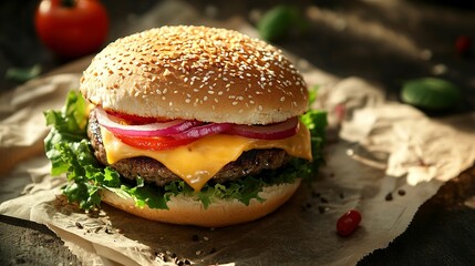 Poster - Healthy burger with nice shadow and background. Vegetable cheese sandwich