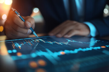 businessman holding a pen or stylus, making adjustments on a virtual growth chart