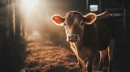 Sticker - A brown cow stands in a barn, illuminated by soft light, creating a serene atmosphere.