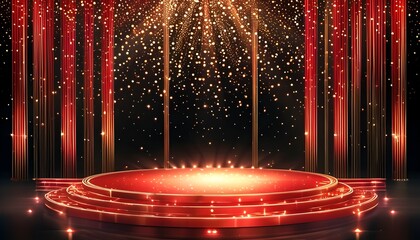 Wall Mural - Luminous Red and Gold Stage Drenched in Sparkling Lights Against a Dark Backdrop for Festive Celebrations and Events