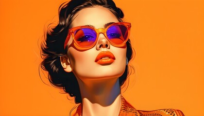 Wall Mural - Glamorous Woman in Colorful Sunglasses against Vibrant Orange Background, Modern Pop Art Portrait Celebrating Fashion and Beauty