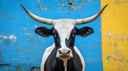 Poster - Black and white cow with long horns standing in front of a blue and yellow weathered wall. 