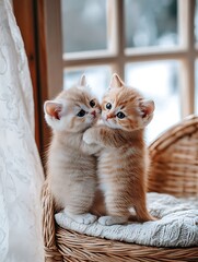 two adorable kittens cuddling on a wicker chair near a window.