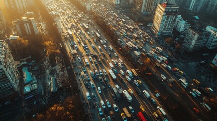 Poster - Aerial view of a bustling city highway filled with a variety of vehicles during rush hour. The late afternoon sunlight casts a warm glow on the traffic, highlighting the busy atmosphere.