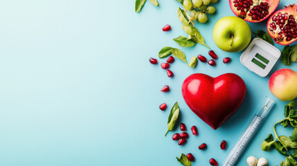 Red heart, apple, and glucometer on blue background, health and fitness concept