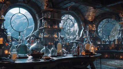 Magical Potion Making Workshop Interior with Mountain View