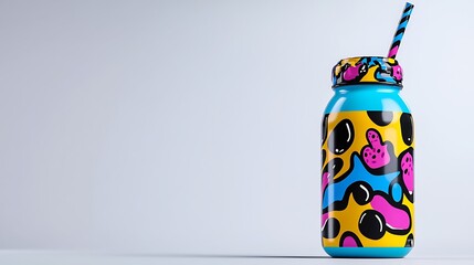 Wall Mural - An abstractly designed water bottle with a straw, radiating color and creativity.