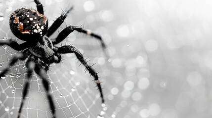A close-up of a delicate spider web glistening with dew in a serene morning light
