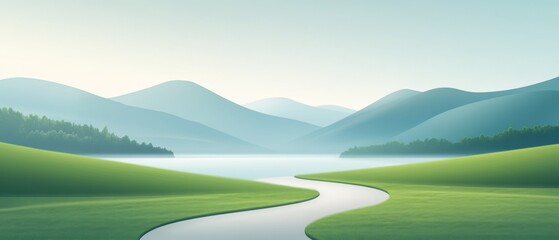 Wall Mural - Serene landscape with a winding river surrounded by green hills and majestic mountains at dawn