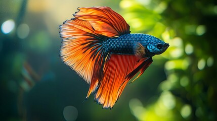 Wall Mural - A Vibrant Orange and Blue Siamese Fighting Fish with Flowing Fins