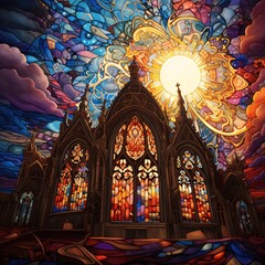 Poster - Abstract Church Stained Glass Window with Sunburst