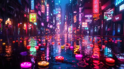 Neon Nights: Urban Street Scene with Digital Currency Capsules Reflecting the Cityscape – Perfect Poster for Modern Sports Interiors and Tech Enthusiasts