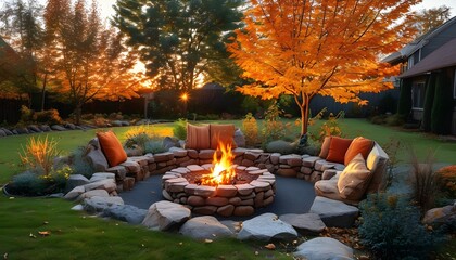 Wall Mural - Glowing evenings in a late summer backyard with a fire pit, embracing the arrival of autumns warmth and colors.