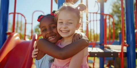 Wall Mural - Two young girls hug and smile on a playground. AI.