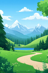 Wall Mural - A vibrant landscape featuring a winding path leading to a serene lake surrounded by snow-capped mountains and lush greenery under a blue sky