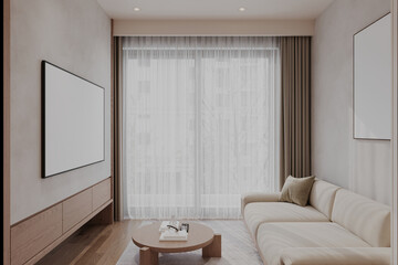 Wall Mural - Living Room with Minimalist Art and Sofa Minimalist art, neutral sofa, and clean lines.