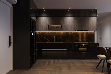 Wall Mural - Modern apartment with chic dark kitchen decor, LED lighting and island