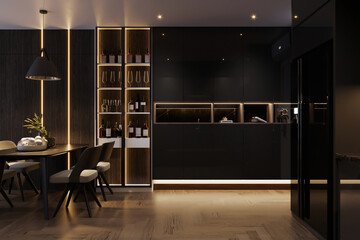 Wall Mural - Modern apartment with chic dark kitchen decor, LED lighting, island, and dining area.