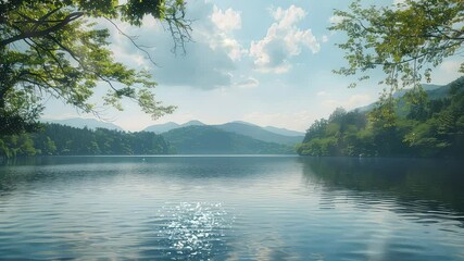 Wall Mural - animation tranquil lake with mountain view generated with ai