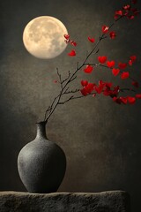 Wall Mural - a vase with a branch of heart-shaped leaves in front of a full moon.