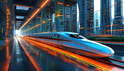 Wall Mural - Intelligent high-speed trains cruise in future cities, technology powers new era of transportation.