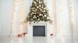 © MAY - A towering Christmas tree adorned with sparkling gold ornaments, twinkling fairy lights, and elegant red ribbons, against a backdrop of a cozy fireplace.