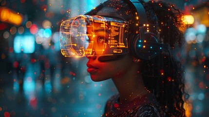 Poster - Craft an engaging visual narrative depicting the evolution of VR technology alongside AI animations and spinning holograms in research and