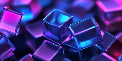 Poster - 3d render, an abstract geometri background with neon cubs blue and purple lights shining on the wall